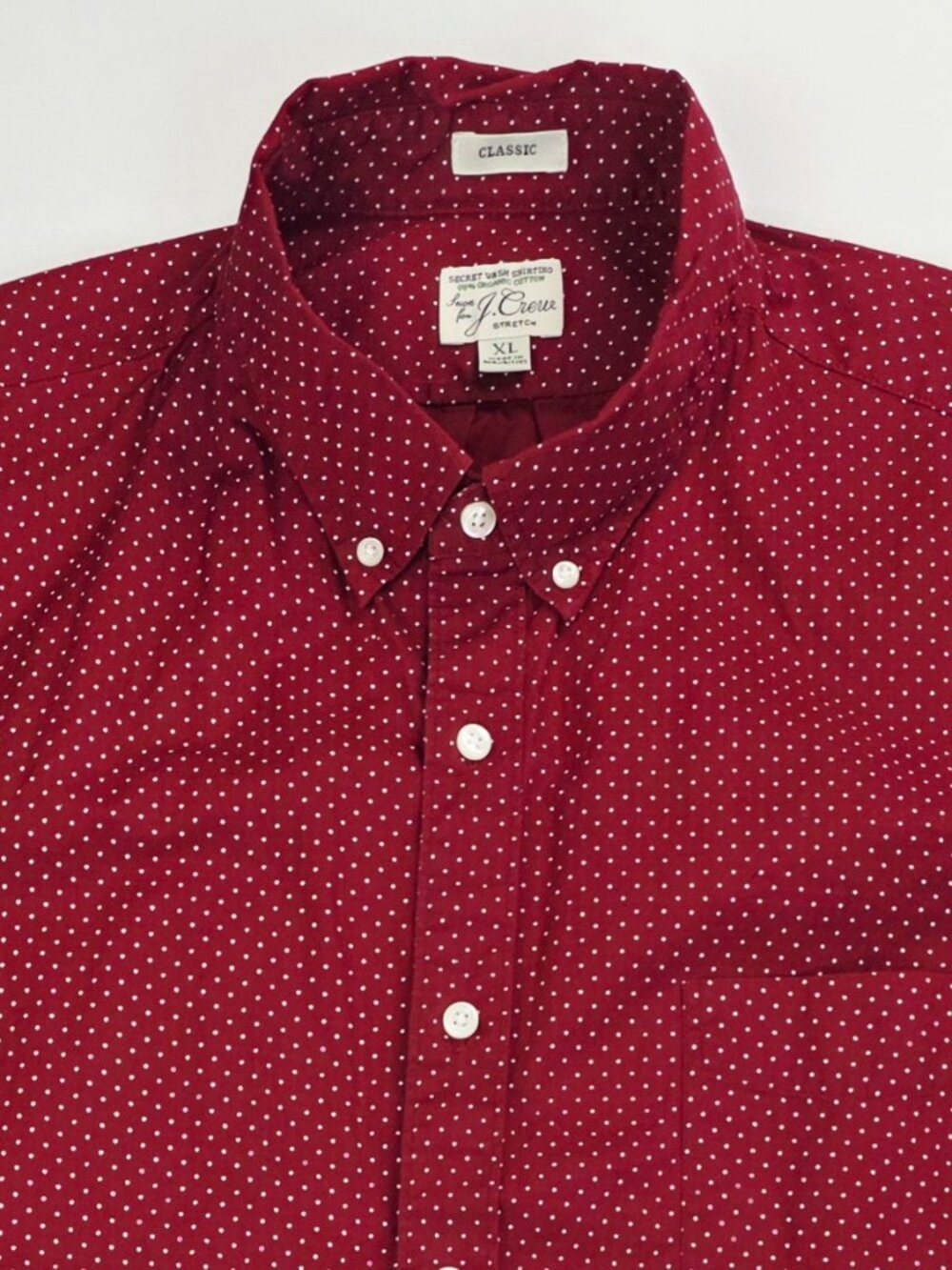 J. Crew Classic Stretch Burgundy White Polka Dot Mens Size XL Button Down Shirt